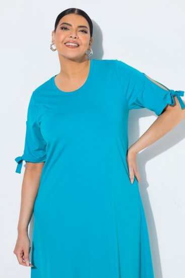 Ulla Popken 850724 Vestido midi de manga curta com cinto para atar Turquesa - Vestidos midi - Vestidos Midi Tamanhos Grandes