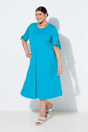 Ulla Popken 850724 Vestido midi de manga curta com cinto para atar Turquesa - Vestidos midi - Vestidos Midi Tamanhos Grandes