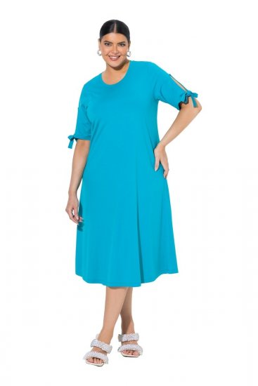 Ulla Popken 850724 Vestido midi de manga curta com cinto para atar Turquesa - Vestidos midi - Vestidos Midi Tamanhos Grandes