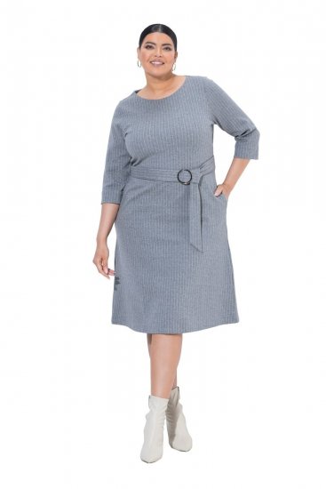 Ulla Popken 851666 Vestido midi às riscas com manga 3/4 Cinzento mesclado - Vestidos midi - Vestidos Midi Tamanhos Grandes