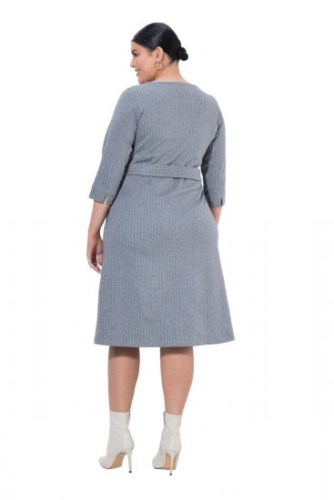 Ulla Popken 851666 Vestido midi às riscas com manga 3/4 Cinzento mesclado - Vestidos midi - Vestidos Midi Tamanhos Grandes