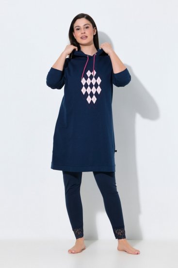 Ulla Popken 851749 Vestido de estar em casa aos quadrados com capuz Azul-marinho - Pijamas/Loungewear - 