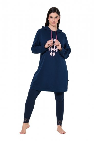 Ulla Popken 851749 Vestido de estar em casa aos quadrados com capuz Azul-marinho - Pijamas/Loungewear - 
