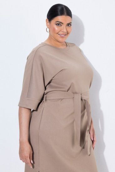 Ulla Popken 852288 Vestido midi de manga curta com cinto para atar Castanho claro - Vestidos midi - Vestidos Midi Tamanhos Grandes