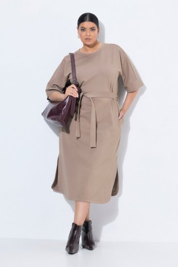 Ulla Popken 852288 Vestido midi de manga curta com cinto para atar Castanho claro - Vestidos midi - Vestidos Midi Tamanhos Grandes