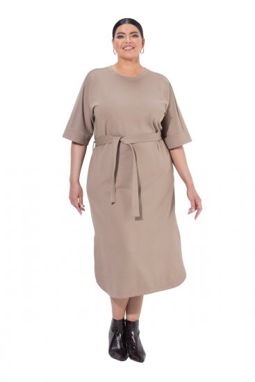 Ulla Popken 852288 Vestido midi de manga curta com cinto para atar Castanho claro - Vestidos midi - Vestidos Midi Tamanhos Grandes