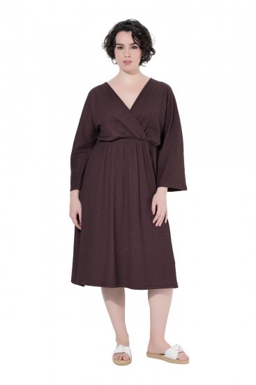Ulla Popken 852307 Vestido traçado de manga comprida Castanho mogno - Vestidos midi - Vestidos Midi Tamanhos Grandes