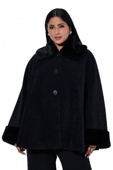 Ulla Popken 852644 Casaco capa com debrum de pelo sintético Preto - Ponchos e capas - 