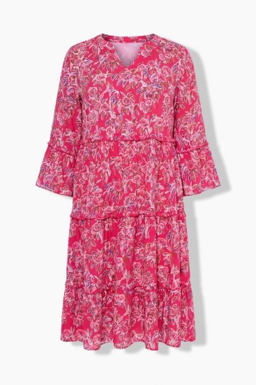Ulla Popken 852841 Vestido floral com folhos Magenta - Vestidos midi - Vestidos Midi Tamanhos Grandes