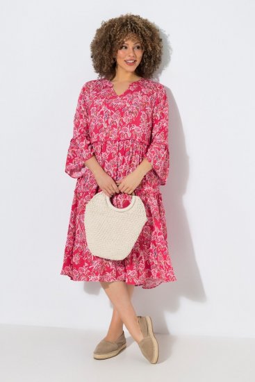 Ulla Popken 852841 Vestido floral com folhos Magenta - Vestidos midi - Vestidos Midi Tamanhos Grandes