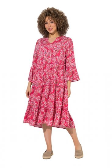 Ulla Popken 852841 Vestido floral com folhos Magenta - Vestidos midi - Vestidos Midi Tamanhos Grandes