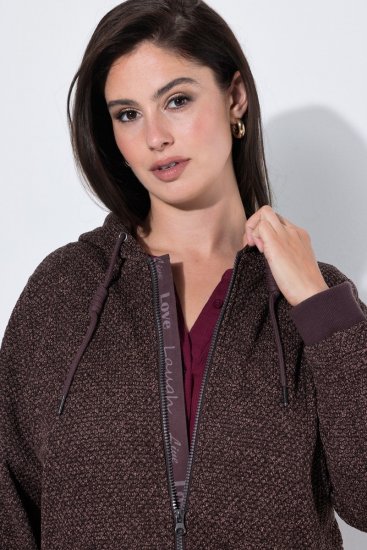 Ulla Popken 853577 Casaco de fleece de malha com capuz e estampado Castanho mogno - Roupa polar - 