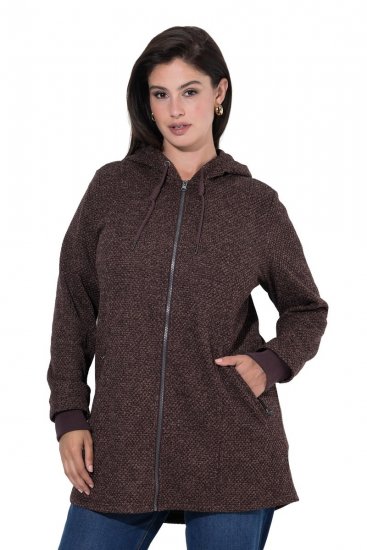Ulla Popken 853577 Casaco de fleece de malha com capuz e estampado Castanho mogno - Roupa polar - 