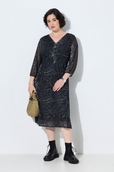 Ulla Popken 853620 Vestido midi com padrão animal e manga 3/4 Preto - Vestidos midi - Vestidos Midi Tamanhos Grandes