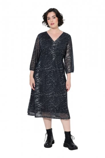 Ulla Popken 853620 Vestido midi com padrão animal e manga 3/4 Preto - Vestidos midi - Vestidos Midi Tamanhos Grandes