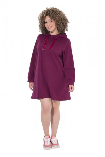 Ulla Popken 853652 Vestido de sweat de manga comprida com capuz Vermelho baga - Vestidos - Vestidos para todos os tamanhos