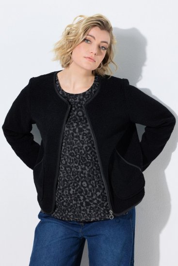 Ulla Popken 853685 Casaco teddy curto com debrum efeito pele Preto - Jaquetas - Casacos plus size para mulher