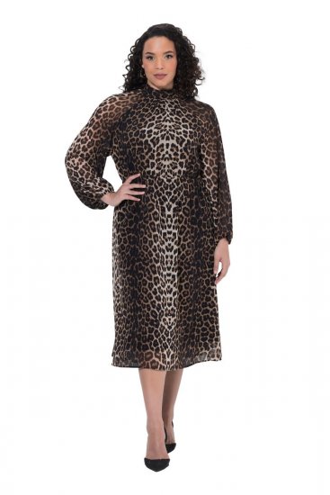 Ulla Popken 853788 Vestido de chiffon com padrão animal Castanho claro - Vestidos maxi - Vestidos maxi plus size para mulher