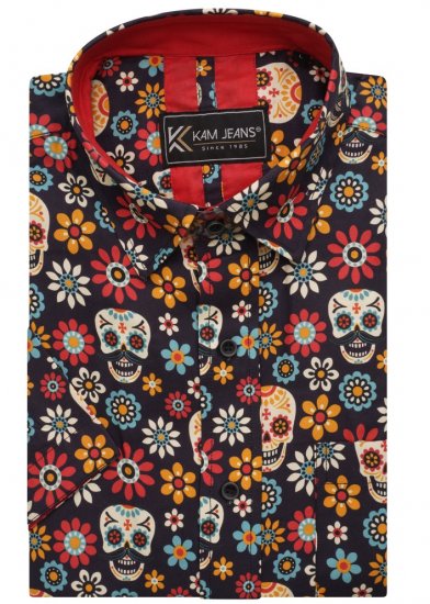 Kam Jeans 6040 Floral Skull Print Shirt Black - Camisas - Camisas Homem Tamanhos Grandes