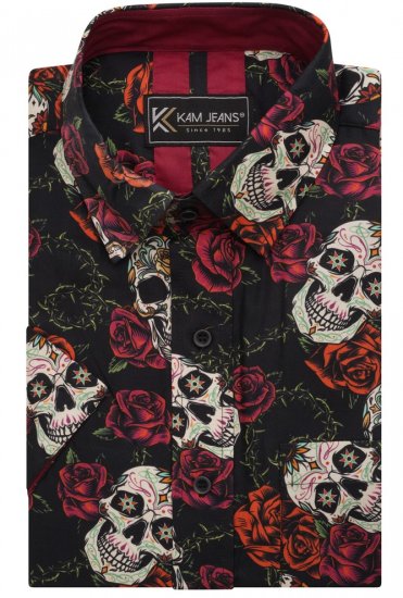 Kam Jeans 6042 Rose Skull Digital Print Shirt Black - Camisas - Camisas Homem Tamanhos Grandes