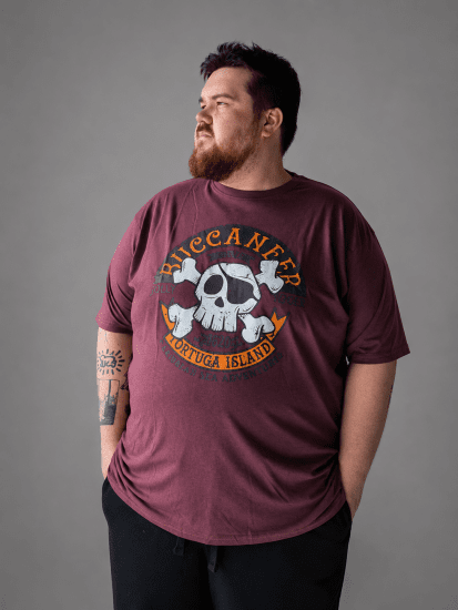 Kam Jeans 5753 Buccaneer Print T-Shirt BURGUNDY MARL - T-shirts - T-shirts Homem Tamanhos Grandes