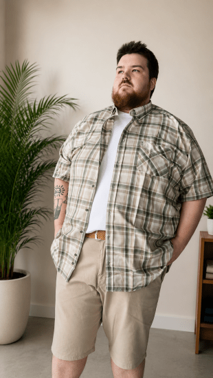 Kam Jeans 6339 Checked Short Sleeve Shirt Beige - Camisas - Camisas Homem Tamanhos Grandes