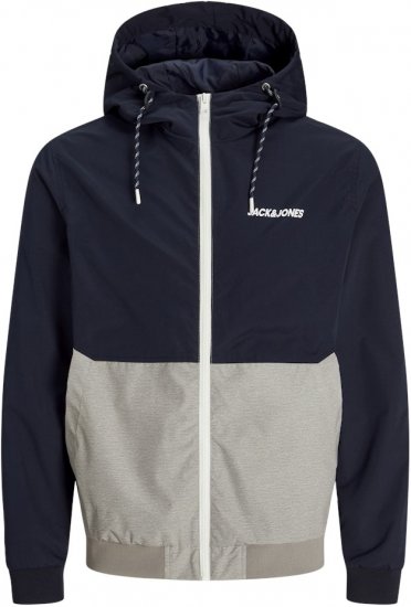 Jack & Jones RUSH White/Grey Blocking Bomber Jacket with Hood Dark Blue - Casacos - Casacos Homem Tamanhos Grandes