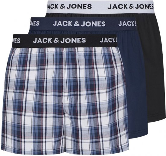 Jack & Jones Saigon Blue/Red Check Woven Boxers 3-Pack Navy Blazer - Roupa Interior & natação - Roupa interior Homem Tamanhos Grandes
