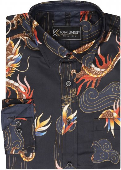 Kam Jeans 6057 LS Dragon Print Shirt Black - Camisas - Camisas Homem Tamanhos Grandes