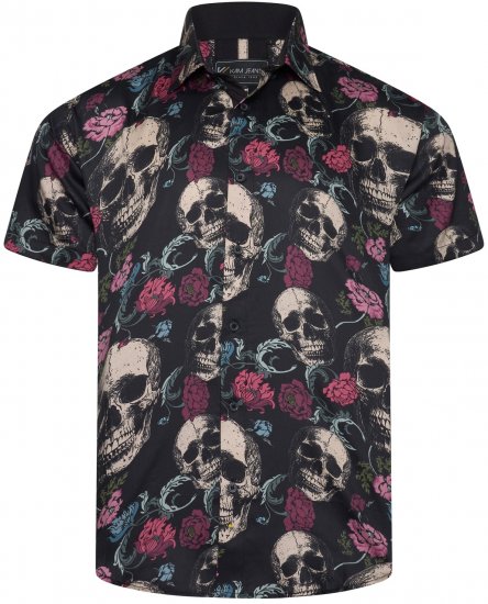 Kam Jean 6074 Camisa De Manga Curta Com Estampa De Caveira Floral Preta - Camisas - Camisas Homem Tamanhos Grandes