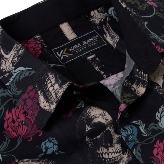 Kam Jean 6074 Camisa De Manga Curta Com Estampa De Caveira Floral Preta - Camisas - Camisas Homem Tamanhos Grandes