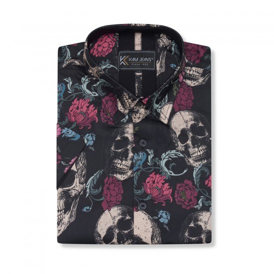 Kam Jean 6074 Camisa De Manga Curta Com Estampa De Caveira Floral Preta - Camisas - Camisas Homem Tamanhos Grandes