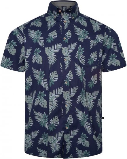 Kam Jeans 6331 AOP Leaf Print Short Sleeve Shirt Navy - Camisas - Camisas Homem Tamanhos Grandes