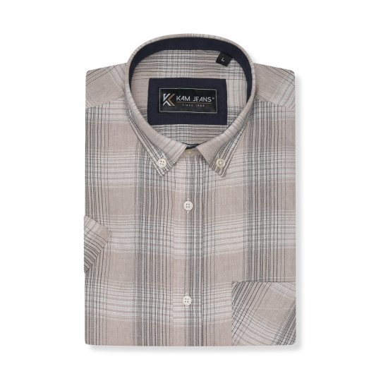 Kam Jeans 6382 Camisa Xadrez Texturizada De Manga Curta Bege - Camisas - Camisas Homem Tamanhos Grandes