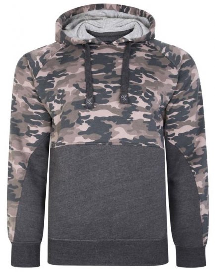 Kam Jeans 7036B Camo Pannelled Over The Head Hoody Charcoal - Sweatshirts & hoodies - Sweatshirt & Camisolas com Capuz tamanhos grandes