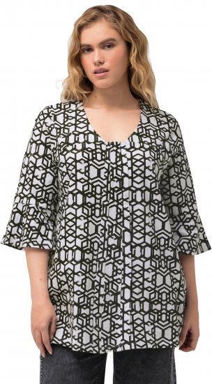 Ulla Popken Geometric Print Trumpet Sleeve Tee Black - T-shirts estampadas para mulher - 