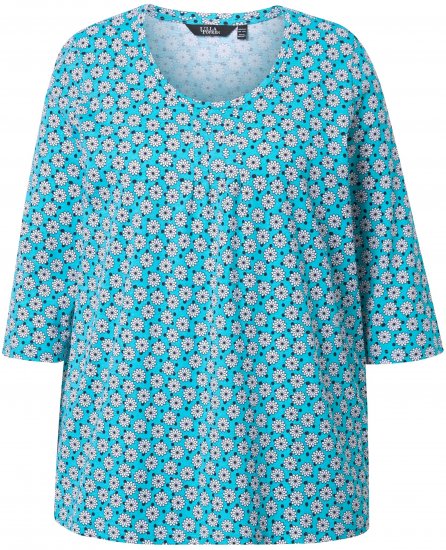 Ulla Popken Flower Print 3/4 Sleeve A-Line Tee Deep Aqua - T-shirts estampadas para mulher - 