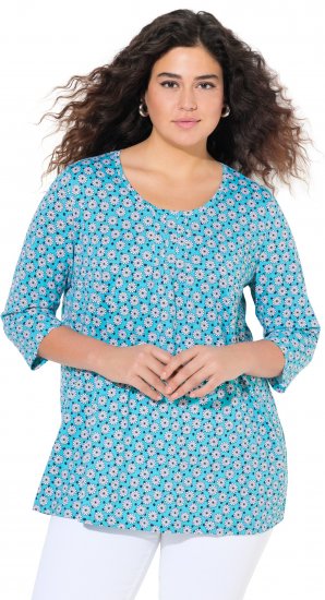 Ulla Popken Flower Print 3/4 Sleeve A-Line Tee Deep Aqua - T-shirts estampadas para mulher - 