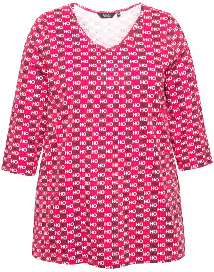 Ulla Popken Minimalist Ho Ho Ho Print 3/4 Sleeve Tee Salsa Red - T-shirts estampadas para mulher - 