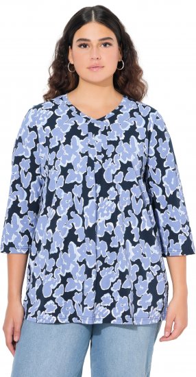 Ulla Popken Floral Print 3/4 Sleeve V-Neck Tee Navy Blue - T-shirts estampadas para mulher - 