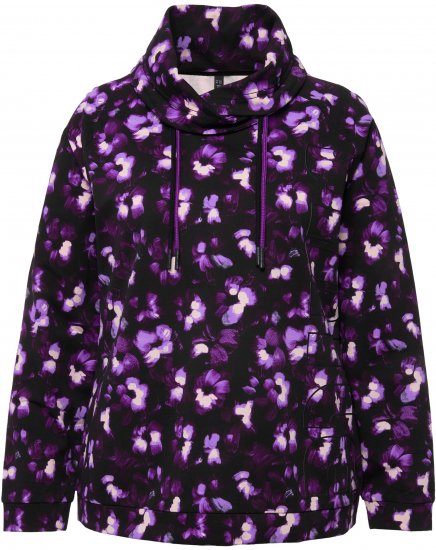 Ulla Popken Floral Print Drawstring Collar Hoodie Black - Sweatshirts & hoodies - 