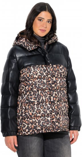 Ulla Popken HYPRAR Leopard And Leather Look Quilted Jacket Black - Jaquetas - 