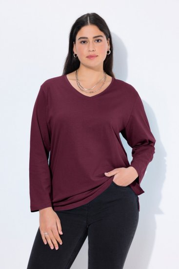 Ulla Popken Back To Basics V-Neck Relaxed Fit Cotton Tee Dark Berry - T-shirts - T-shirts femininas