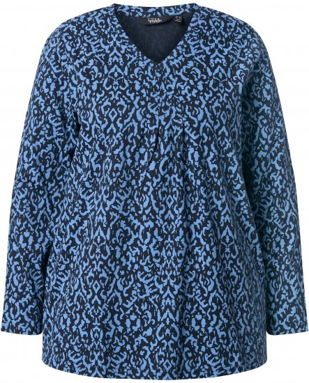 Ulla Popken Geometric Print 3/4 Sleeve Pleated Tee Navy Blue - T-shirts estampadas para mulher - 