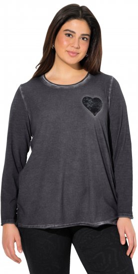 Ulla Popken Cold Dyed Sequined Heart Long Sleeve Tee Asphalt - T-shirts estampadas para mulher - 