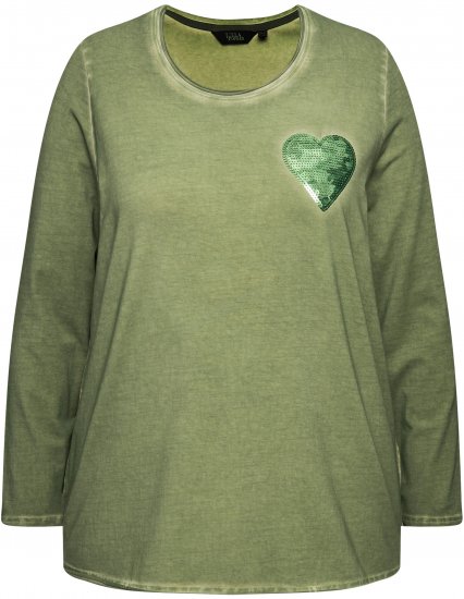 Ulla Popken Cold Dyed Sequined Heart Long Sleeve Tee Sage Green - T-shirts estampadas para mulher - 