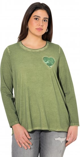 Ulla Popken Cold Dyed Sequined Heart Long Sleeve Tee Sage Green - T-shirts estampadas para mulher - 