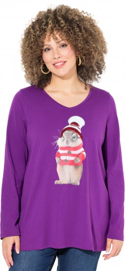 Ulla Popken Christmas Squirrel Long Sleeve Graphic Tee Dark Purple - T-shirts estampadas para mulher - 