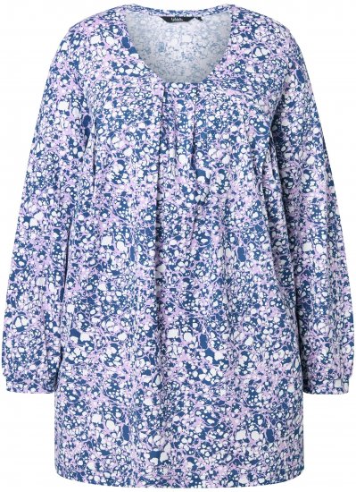 Ulla Popken Allover Printed Pleated Long Sleeve Tee Dark Blue - T-shirts estampadas para mulher - 