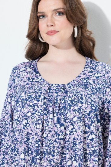 Ulla Popken Allover Printed Pleated Long Sleeve Tee Dark Blue - T-shirts estampadas para mulher - T-shirts Estampadas para Mulher